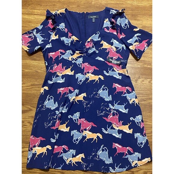 Anthropologie Modcloth Blue Horse Equestrian Dress Short Ruffle Sleeved XL - Picture 2 of 16